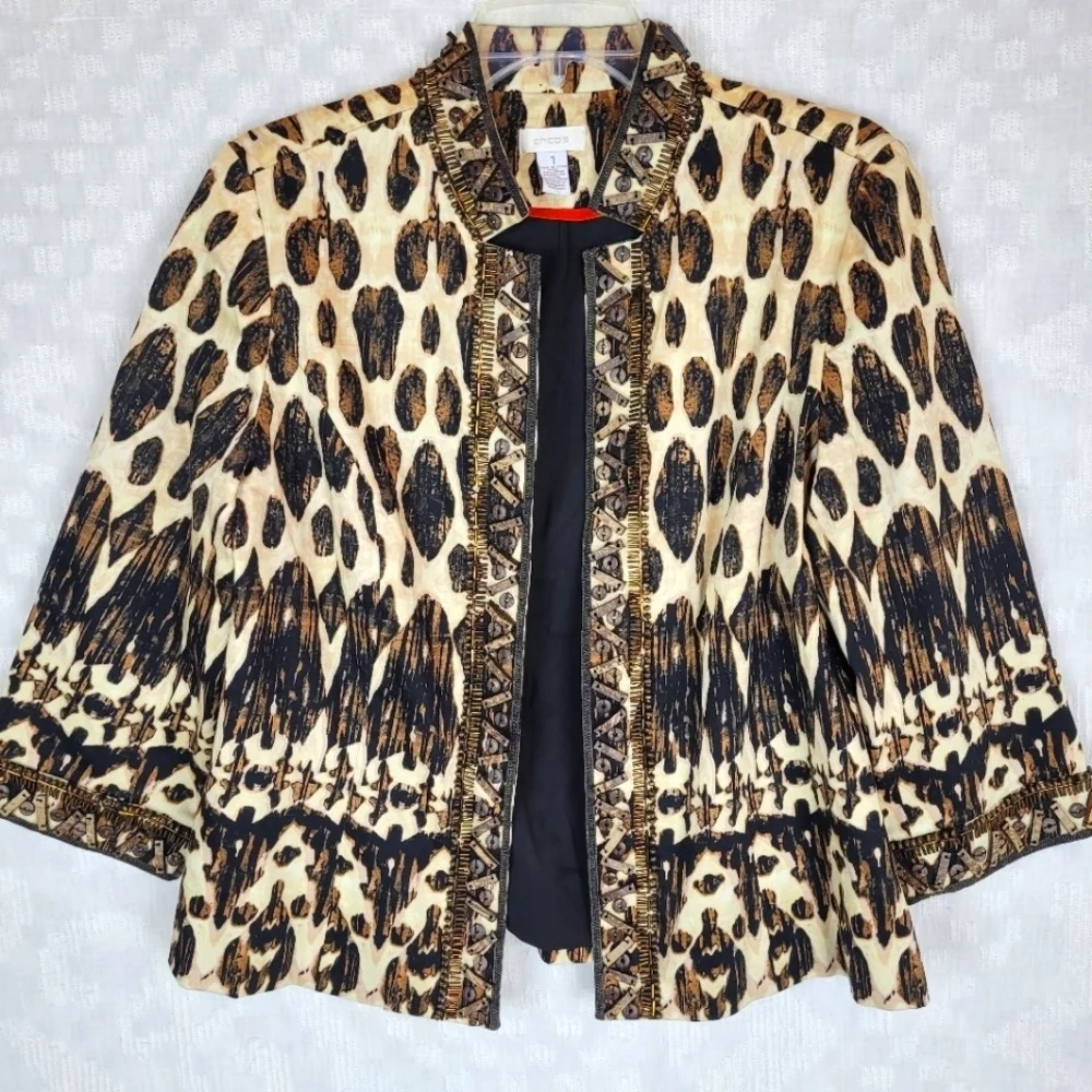 Chico's tribal print ivory black jacket brown beading tab collar artsy ethnic S